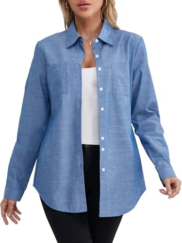 fuinloth Damen Hemd Elegant Longbluse Basic V-Ausschnitt Hemdbluse OL Work Arbeit Hemden mit KnöPfen Jean Bluse Blau M von fuinloth