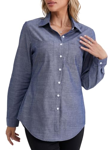 fuinloth Damen Hemd Elegant Longbluse Slim Fit Hemdbluse OL Work Arbeit Hemden mit KnöPfen Jean Bluse Dunkel Blau XXL von fuinloth