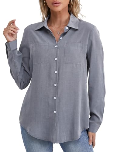 fuinloth Damen Hemd Elegant Longbluse Slim Fit Hemdbluse OL Work Arbeit Hemden mit KnöPfen Jean Bluse Grau L von fuinloth