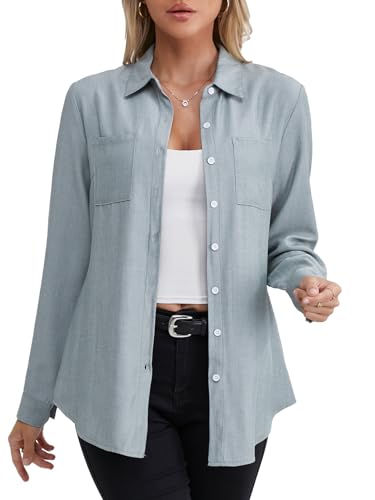 fuinloth Damen Hemd Elegant Longbluse Slim Fit Hemdbluse OL Work Arbeit Hemden mit KnöPfen Jean Bluse Grün XXL von fuinloth