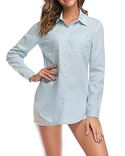 fuinloth Damen Hemd Elegant Longbluse Basic V-Ausschnitt Hemdbluse OL Work Arbeit Hemden mit KnöPfen Jean Bluse Hell Blau L von fuinloth