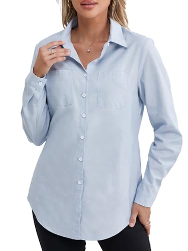 fuinloth Damen Hemd Elegant Longbluse Slim Fit Hemdbluse OL Work Arbeit Hemden mit KnöPfen Jean Bluse Hell Blau S von fuinloth