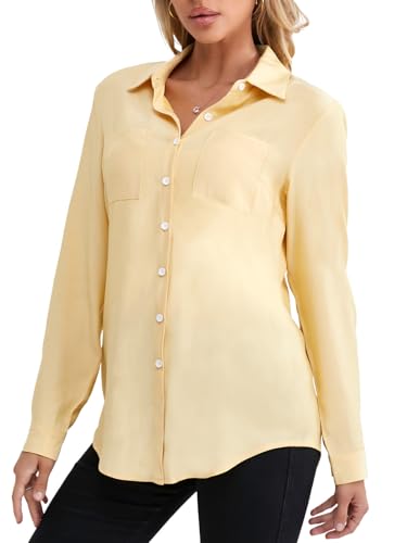 fuinloth Damen Hemd Elegant Longbluse Slim Fit Hemdbluse OL Work Arbeit Hemden mit KnöPfen Jean Bluse Hell Orange L von fuinloth