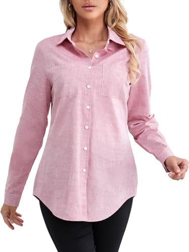 fuinloth Damen Hemd Elegant Longbluse Slim Fit Hemdbluse OL Work Arbeit Hemden mit KnöPfen Jean Bluse Hell Rot XXL von fuinloth