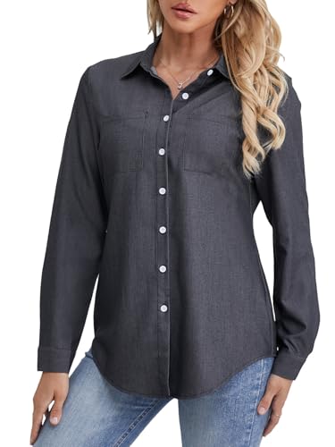 fuinloth Damen Hemd Elegant Longbluse Basic V-Ausschnitt Hemdbluse OL Work Arbeit Hemden mit KnöPfen Jean Bluse Schwarz M von fuinloth