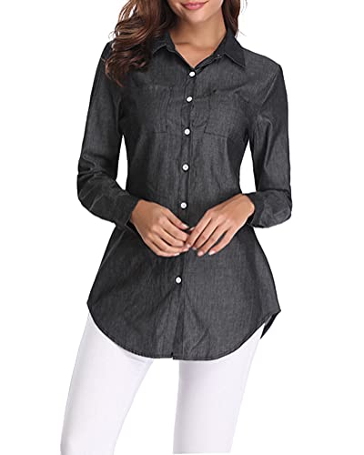 fuinloth Damen Hemd Elegant Longbluse Basic V-Ausschnitt Hemdbluse OL Work Arbeit Hemden mit KnöPfen Jean Bluse Schwarz S von fuinloth