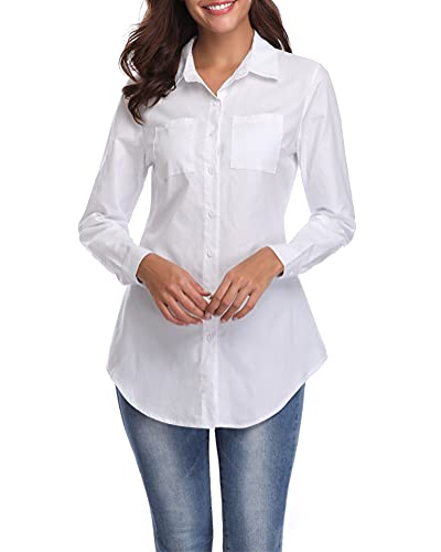 fuinloth Damen Hemd Elegant Longbluse Basic V-Ausschnitt Hemdbluse OL Work Arbeit Hemden mit KnöPfen Jean Bluse Weiß L von fuinloth