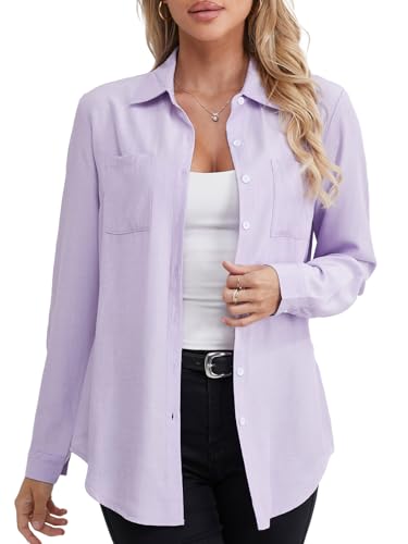 fuinloth Damen Hemd Elegant Longbluse Slim Fit Hemdbluse OL Work Arbeit Hemden mit KnöPfen Jean Bluse Lavendel XXL von fuinloth