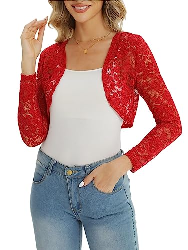 fuinloth Damen Spitze Bolero Jäckchen für Abendkleid Kurze Festlich Schulterjacke Elegant Hochzeit Bolerojacke, Rot, XL, 42-44 von fuinloth