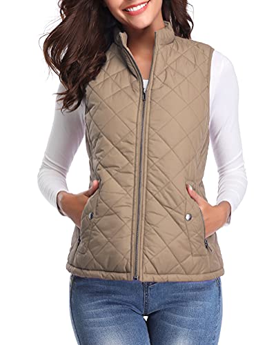 fuinloth Damen Weste mit Stehkragen Westen Steppweste Leicht Ärmellos Jacke mit Reissverschluss Taschen Khaki L von fuinloth