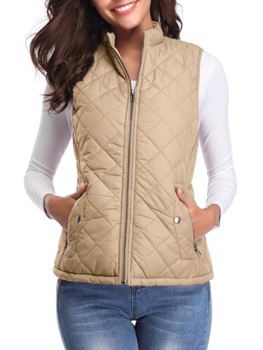 fuinloth Damen Weste, Herbst Leichte Steppweste Westen Ärmellos Jacke Kurz Vest Gilet Khaki S von fuinloth