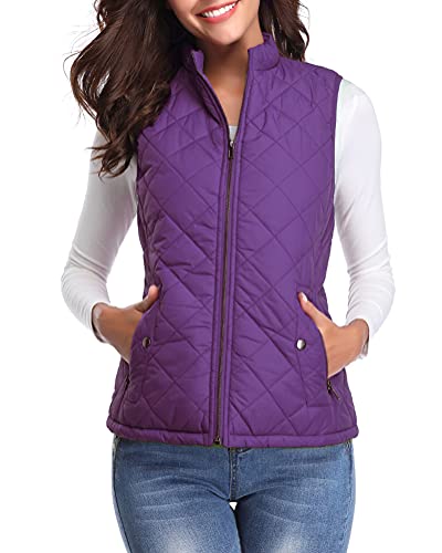 fuinloth Damen Weste mit Stehkragen Westen Steppweste Leicht Ärmellos Jacke mit Reissverschluss Taschen Violett L von fuinloth