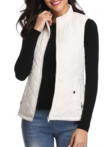 fuinloth Damen Weste, Herbst Leichte Steppweste Westen Ärmellos Jacke Kurz Vest Gilet Weiß M von fuinloth