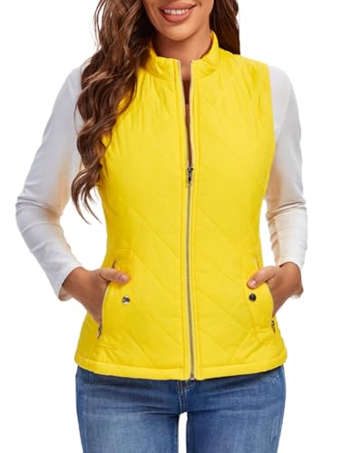 fuinloth Damen Weste, Herbst Leichte Steppweste Westen Ärmellos Jacke Kurz Vest Gilet Gelb XL von fuinloth