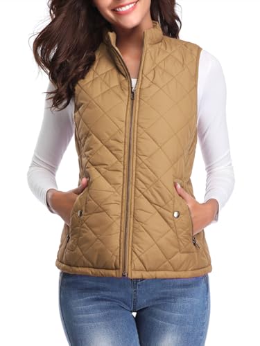 fuinloth Damen Weste, Herbst Leichte Steppweste Westen Ärmellos Jacke Kurz Vest Gilet Kamel XS von fuinloth