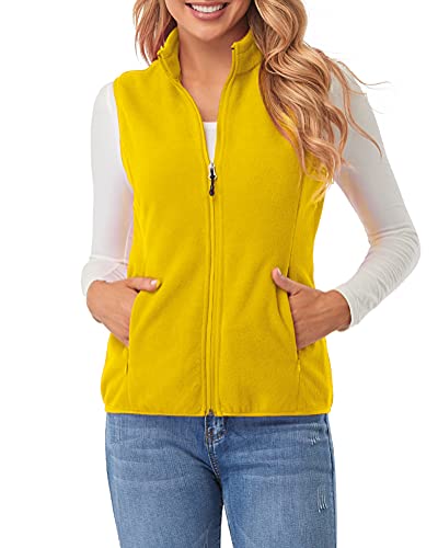 fuinloth Fleece Weste für Damen, Leicht Ärmellose Standkragen mit Reißverschlusstaschen Gelb Small von fuinloth