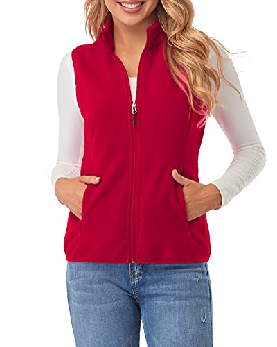 fuinloth Fleece Weste für Damen, Leicht Ärmellose Standkragen mit Reißverschlusstaschen Rot XX-Large von fuinloth