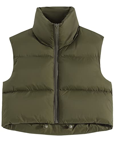 fuinloth Damen Weste Kurz Stehkragen Steppweste Warm Winter Crop Puffer Weste mit Reißverschluss Ärmellose Übergangsweste Armeegrün M von fuinloth