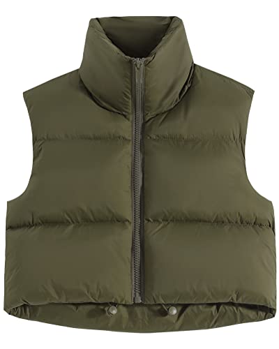 fuinloth Damen Weste Kurz Stehkragen Steppweste Warm Winter Crop Puffer Weste mit Reißverschluss Ärmellose Übergangsweste Armeegrün XS von fuinloth