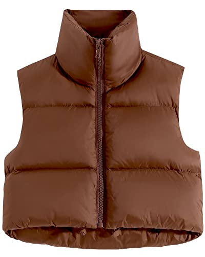 fuinloth Damen Weste Kurz Stehkragen Steppweste Warm Winter Crop Puffer Weste mit Reißverschluss Ärmellose Übergangsweste Braun M von fuinloth