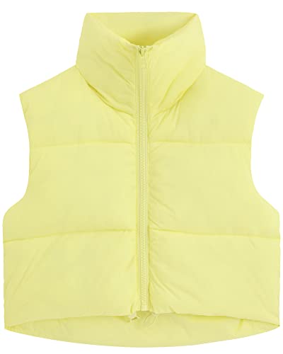 fuinloth Damen Weste Kurz Stehkragen Steppweste Warm Winter Crop Puffer Weste mit Reißverschluss Ärmellose Übergangsweste Gelb XL von fuinloth