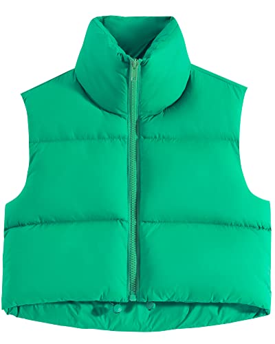 fuinloth Damen Weste Kurz Stehkragen Steppweste Warm Winter Crop Puffer Weste mit Reißverschluss Ärmellose Übergangsweste Hellgrün L von fuinloth