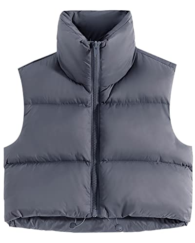 fuinloth Damen Weste Kurz Stehkragen Steppweste Warm Winter Crop Puffer Weste mit Reißverschluss Ärmellose Übergangsweste Holzkohle XXL von fuinloth