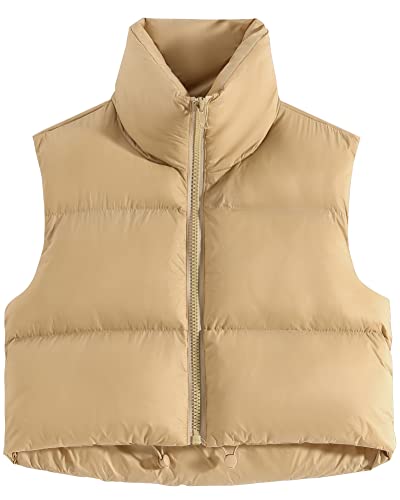 fuinloth Damen Weste Kurz Stehkragen Steppweste Warm Winter Crop Puffer Weste mit Reißverschluss Ärmellose Übergangsweste Khaki M von fuinloth