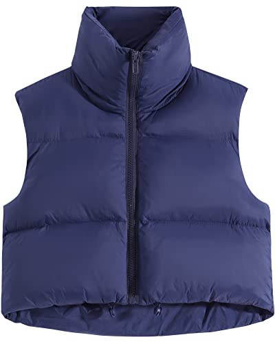 fuinloth Damen Weste Kurz Stehkragen Steppweste Warm Winter Crop Puffer Weste mit Reißverschluss Ärmellose Übergangsweste Navy Blau L von fuinloth