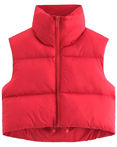 fuinloth Damen Weste Kurz Stehkragen Steppweste Warm Winter Crop Puffer Weste mit Reißverschluss Ärmellose Übergangsweste Rot L von fuinloth