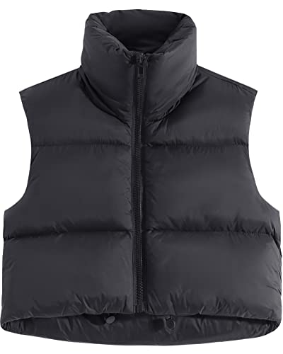 fuinloth Damen Weste Kurz Stehkragen Steppweste Warm Winter Crop Puffer Weste mit Reißverschluss Ärmellose Übergangsweste Schwarz M von fuinloth