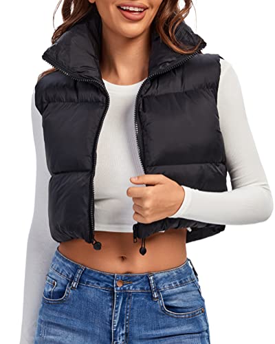 fuinloth Damen Weste Kurz Stehkragen Steppweste Warm Winter Crop Puffer Weste mit Reißverschluss Ärmellose Übergangsweste Schwarz S von fuinloth
