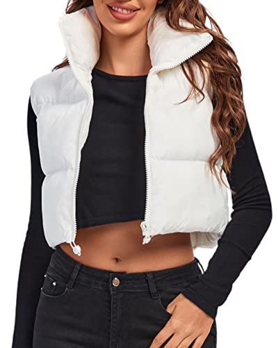 fuinloth Damen Weste Kurz Stehkragen Steppweste Warm Winter Crop Puffer Weste mit Reißverschluss Ärmellose Übergangsweste Weiß L von fuinloth