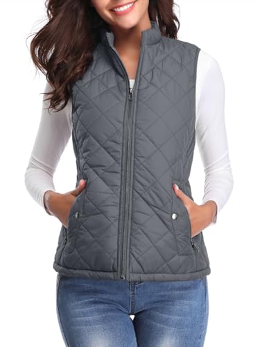 fuinloth Damen Weste, Herbst Leichte Steppweste Westen Ärmellos Jacke Kurz Vest Gilet Dunkelgrau M von fuinloth