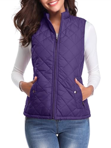 fuinloth Damen Weste mit Stehkragen Westen Steppweste Leicht Ärmellos Jacke mit Reissverschluss Taschen Violett XXL von fuinloth