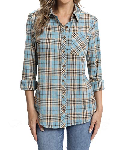 fuinloth Hemd Damen Kariert Trachtenbluse Plaid Langarmshirt Flanell Bluse Elegant Oberteile aus Baumwolle Blau L 38-40 von fuinloth