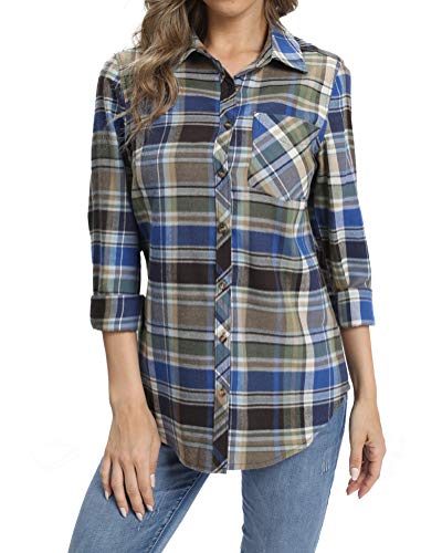 fuinloth Hemd Damen Kariert Trachtenbluse Plaid Langarmshirt Flanell Bluse Elegant Oberteile aus Baumwolle Blau M 36-38 von fuinloth