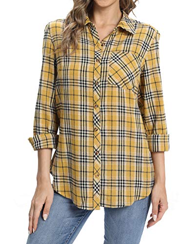 fuinloth Hemd Damen Kariert Trachtenbluse Plaid Langarmshirt Flanell Bluse Elegant Oberteile aus Baumwolle Gelb L 38-40 von fuinloth