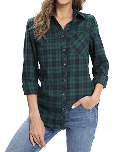 fuinloth Hemd Damen Kariert Trachtenbluse Plaid Langarmshirt Flanell Bluse Elegant Oberteile aus Baumwolle Grün M 36-38 von fuinloth