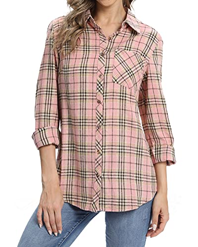 fuinloth Hemd Damen Kariert Trachtenbluse Plaid Langarmshirt Flanell Bluse Elegant Oberteile aus Baumwolle Rosa L 38-40 von fuinloth