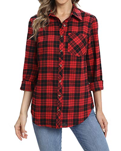 fuinloth Hemd Damen Kariert Trachtenbluse Plaid Langarmshirt Flanell Bluse Elegant Oberteile aus Baumwolle Rot M 36-38 von fuinloth