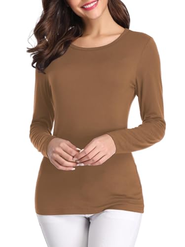 fuinloth Langarmshirt Damen Longsleeve Basic Bluse Oberteil Rundhals Elegant Langarm Tshirt Kaffee X-Large von fuinloth