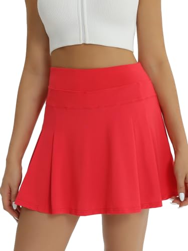 fuinloth Tennisrock Damen Sportrock mit Hose Rock mit Short Integriert Golfrock Sommerrock mit Taschen Rot XS 32-34 von fuinloth