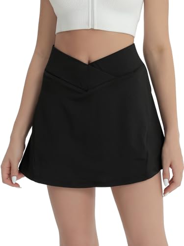 fuinloth Tennisrock Damen Tennis Skort Hohe Taille 2in1 Sportrock Innenhose Frauen Rockhose Golfröcke Mini Sommerrock mit Taschen Schwarz S 34-36 von fuinloth