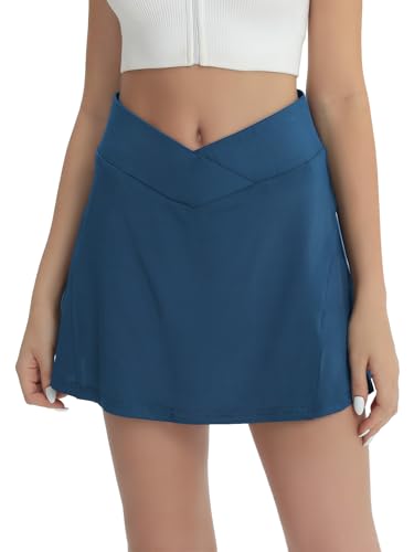 fuinloth Tennis Rock Damen mit Hose Tennisrock Crossover Sportrock Golfrock Frauen Rockhose mit Taschen Blau L 38-40 von fuinloth