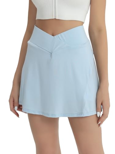 fuinloth Tennisrock Damen Tennis Skort Hohe Taille 2in1 Sportrock Innenhose Frauen Rockhose Golfröcke Mini Sommerrock mit Taschen Blau M 36-38 von fuinloth