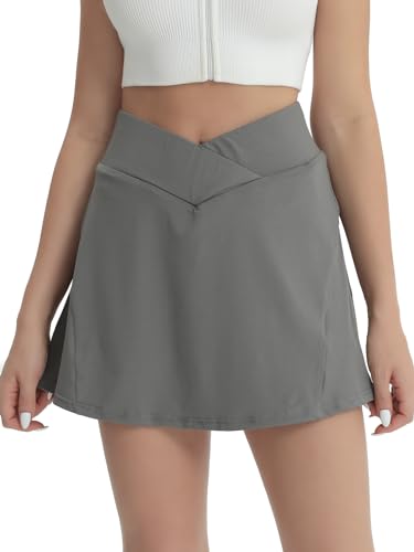 fuinloth Tennisrock Damen Tennis Skort Hohe Taille 2in1 Sportrock Innenhose Frauen Rockhose Golfröcke Mini Sommerrock mit Taschen Grau L 38-40 von fuinloth