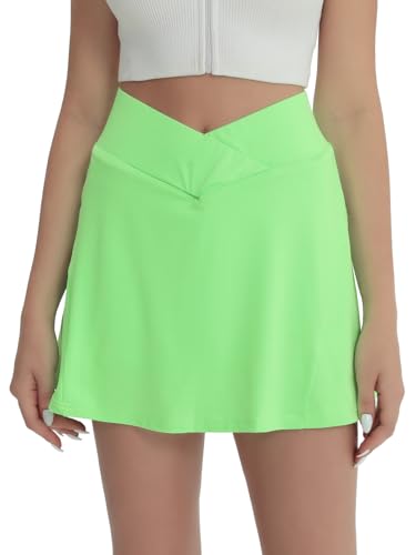 fuinloth Tennisrock Damen Tennis Skort Hohe Taille 2in1 Sportrock Innenhose Frauen Rockhose Golfröcke Mini Sommerrock mit Taschen Grün M 36-38 von fuinloth