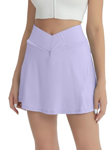 fuinloth Tennisrock Damen Tennis Skort Hohe Taille 2in1 Sportrock Innenhose Frauen Rockhose Golfröcke Mini Sommerrock mit Taschen Lila S 34-36 von fuinloth