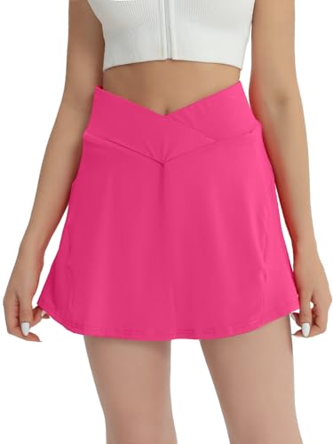 fuinloth Tennisrock Damen Tennis Skort Hohe Taille 2in1 Sportrock Innenhose Frauen Rockhose Golfröcke Mini Sommerrock mit Taschen Rot L 38-40 von fuinloth